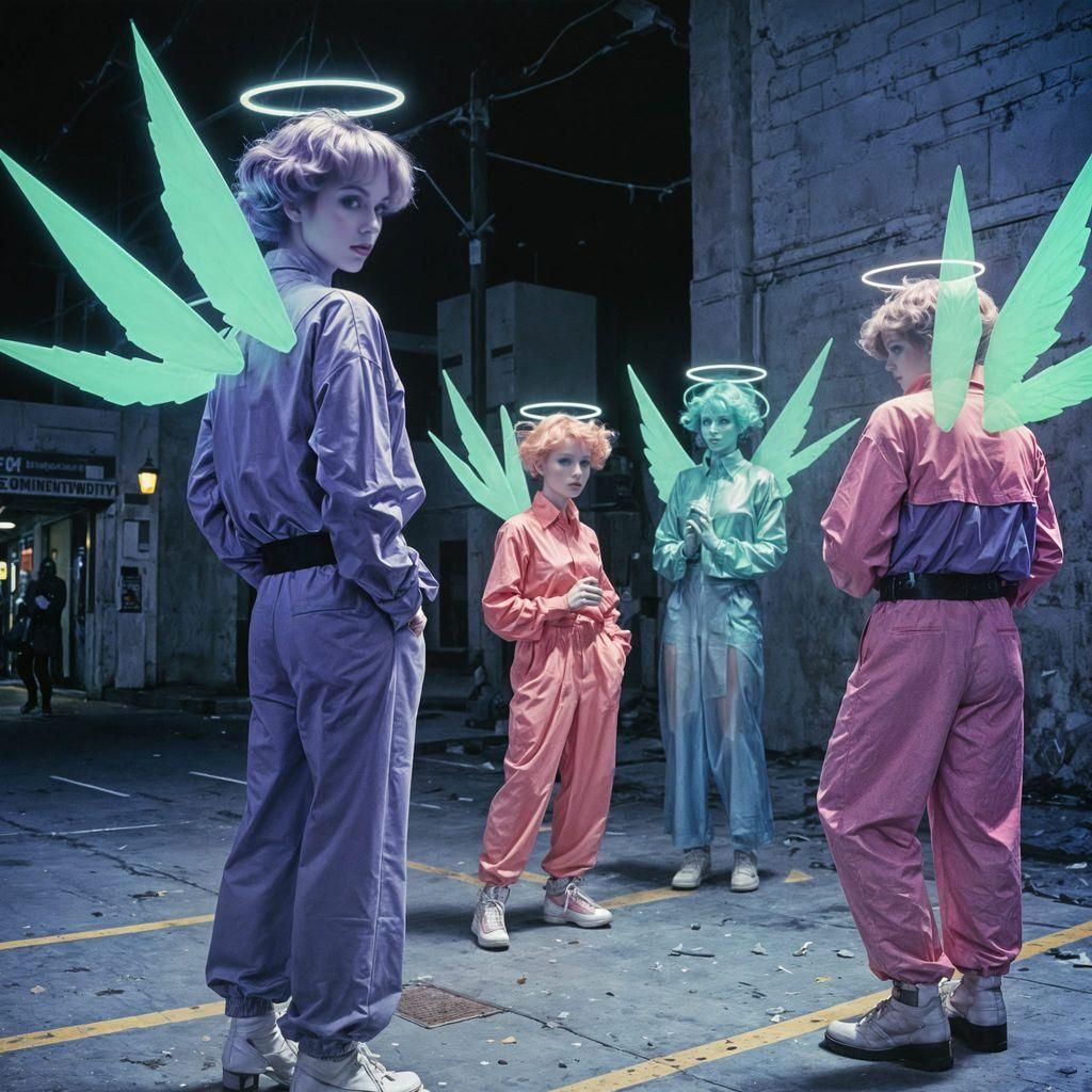 Holographic 80s Angels in Liminal Metropolis