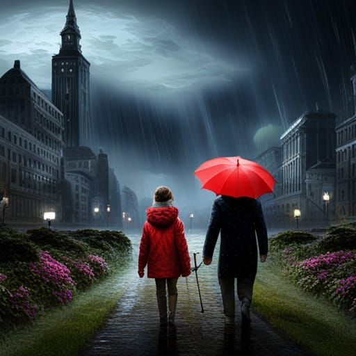 Girl and Guy Enjoying Rain, Fantasy Concept Art