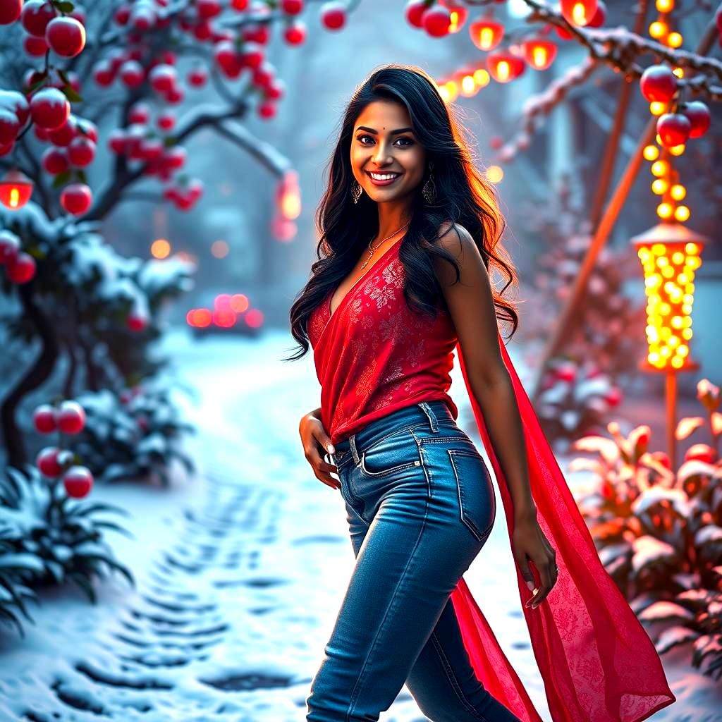 Stylish Indian Woman in Snowy Apple Garden