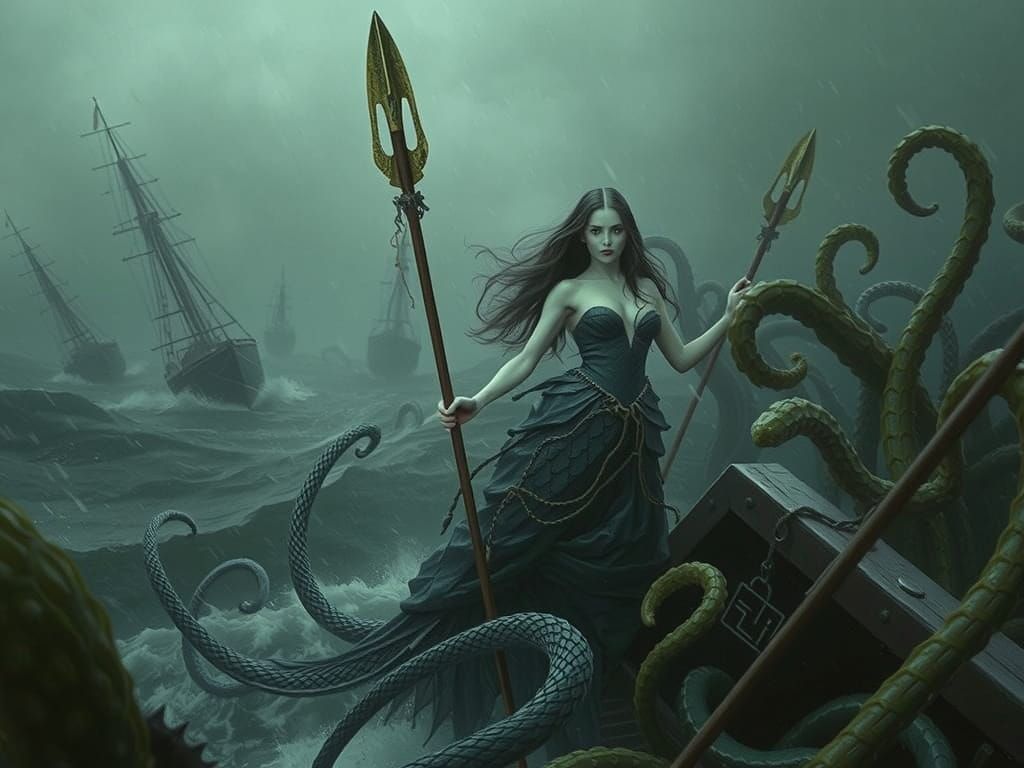 Malevolent Mermaid with Spear in Tempestuous Sea
