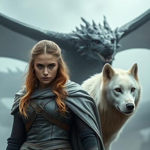 Woman and White Wolf with Dragon in Background