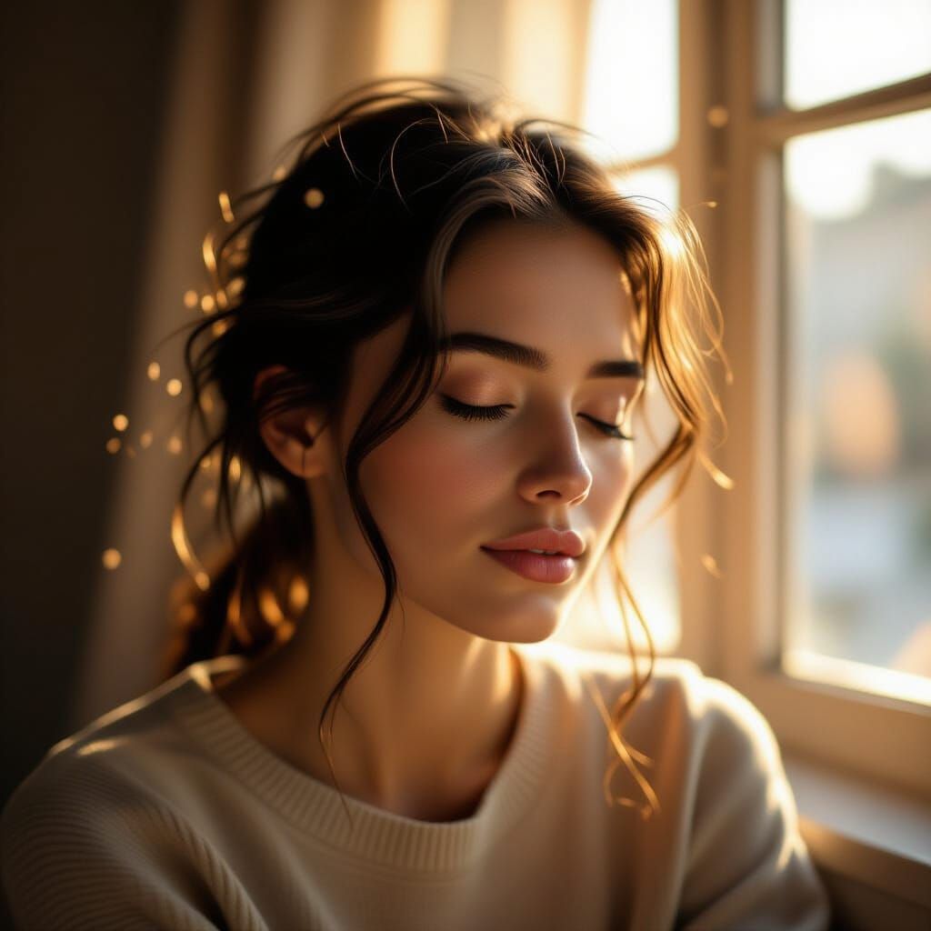 Cinematic Close-Up: Person in Sunlit Room, Peaceful Mood