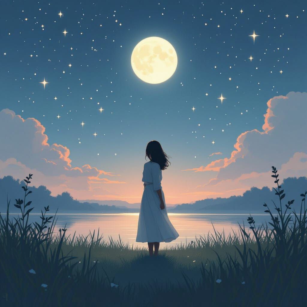 Serene Woman in Peaceful Night Scene as Digital Art