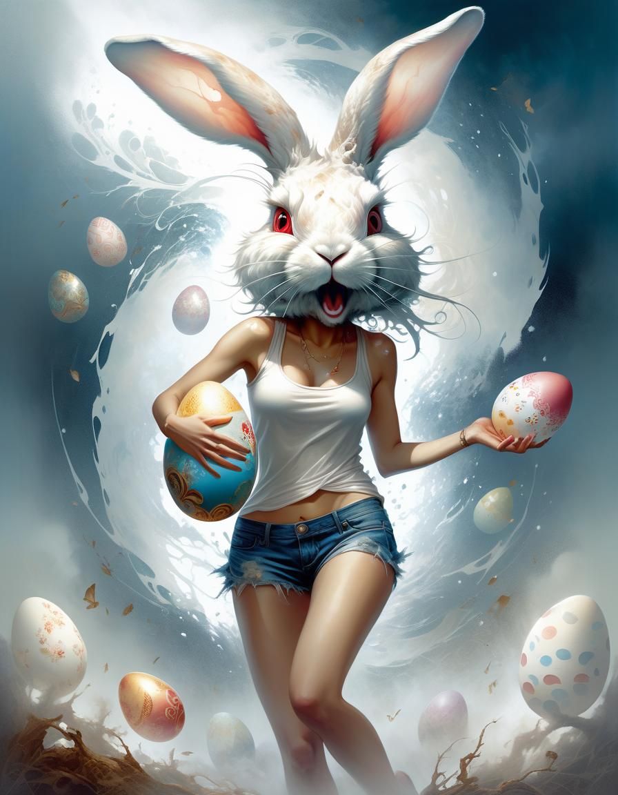 Woman with Rabbit Head Crying in Swirling Mist