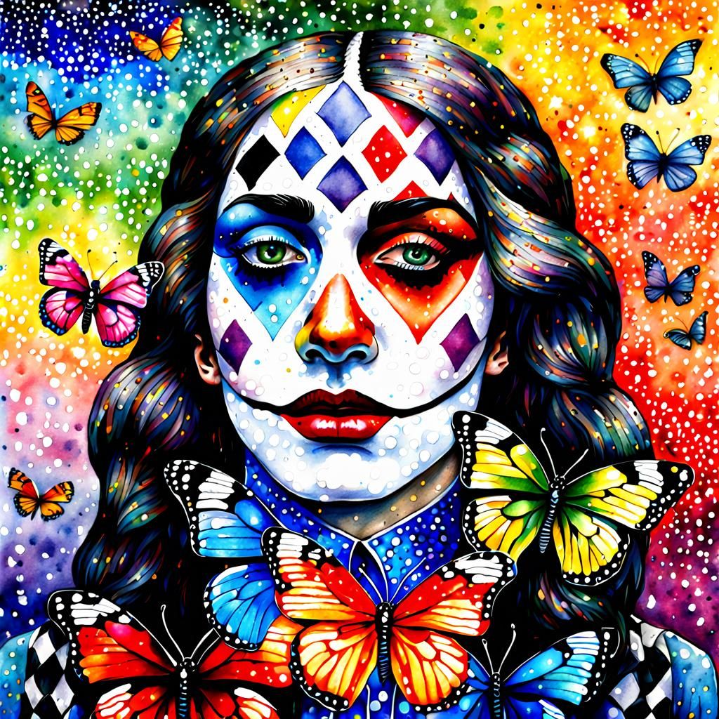 Sad Harlequin Mime in Pointillism Style