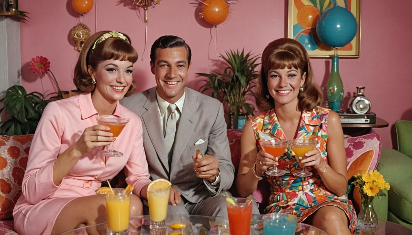 Kitschy 1960s Couple Enjoying Exotic Cocktails