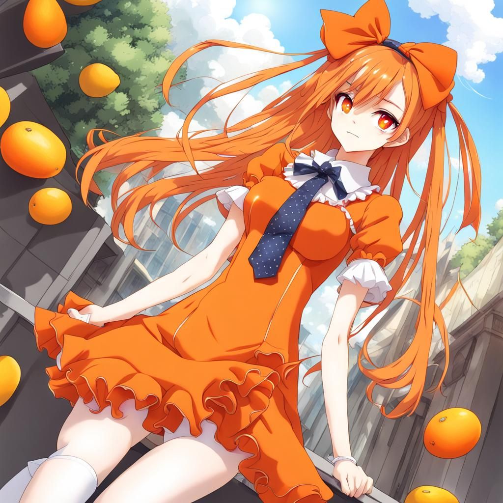 Girl in Orange Mango Dress: Anime Style