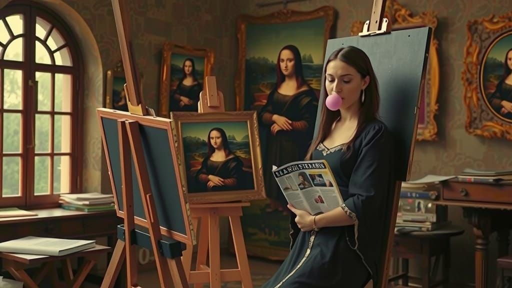 Mona Lisa's Bubble Gum Break in Leonardo's Studio