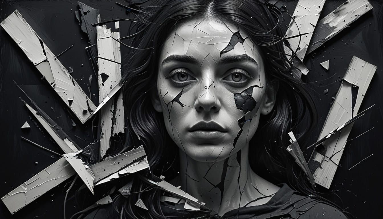 Torn Photographs Shattered in Cubist Oil Painting