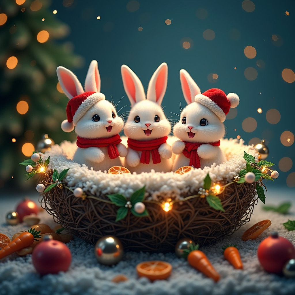 Festive Bunnies Celebrate Christmas in Cozy Nest