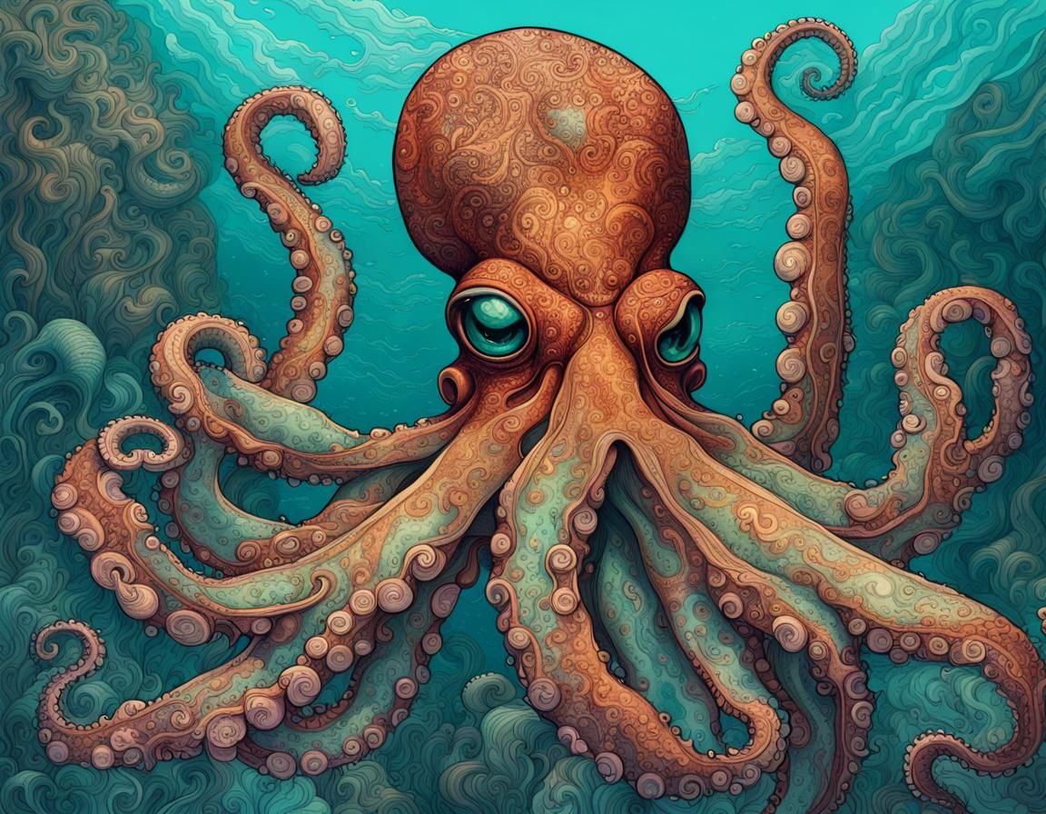 Dramatic Octopus in Teal Ocean Scene