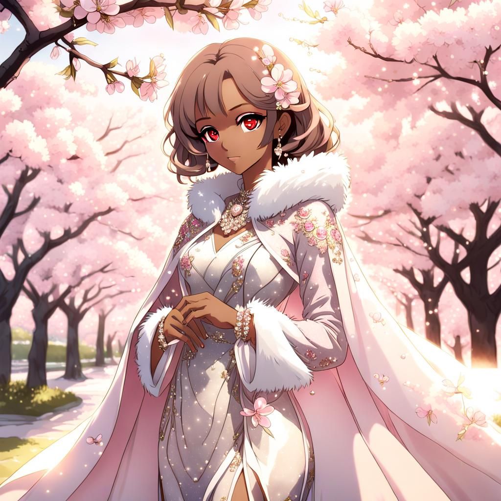 Anime Woman in Pink Gown Under Cherry Blossoms