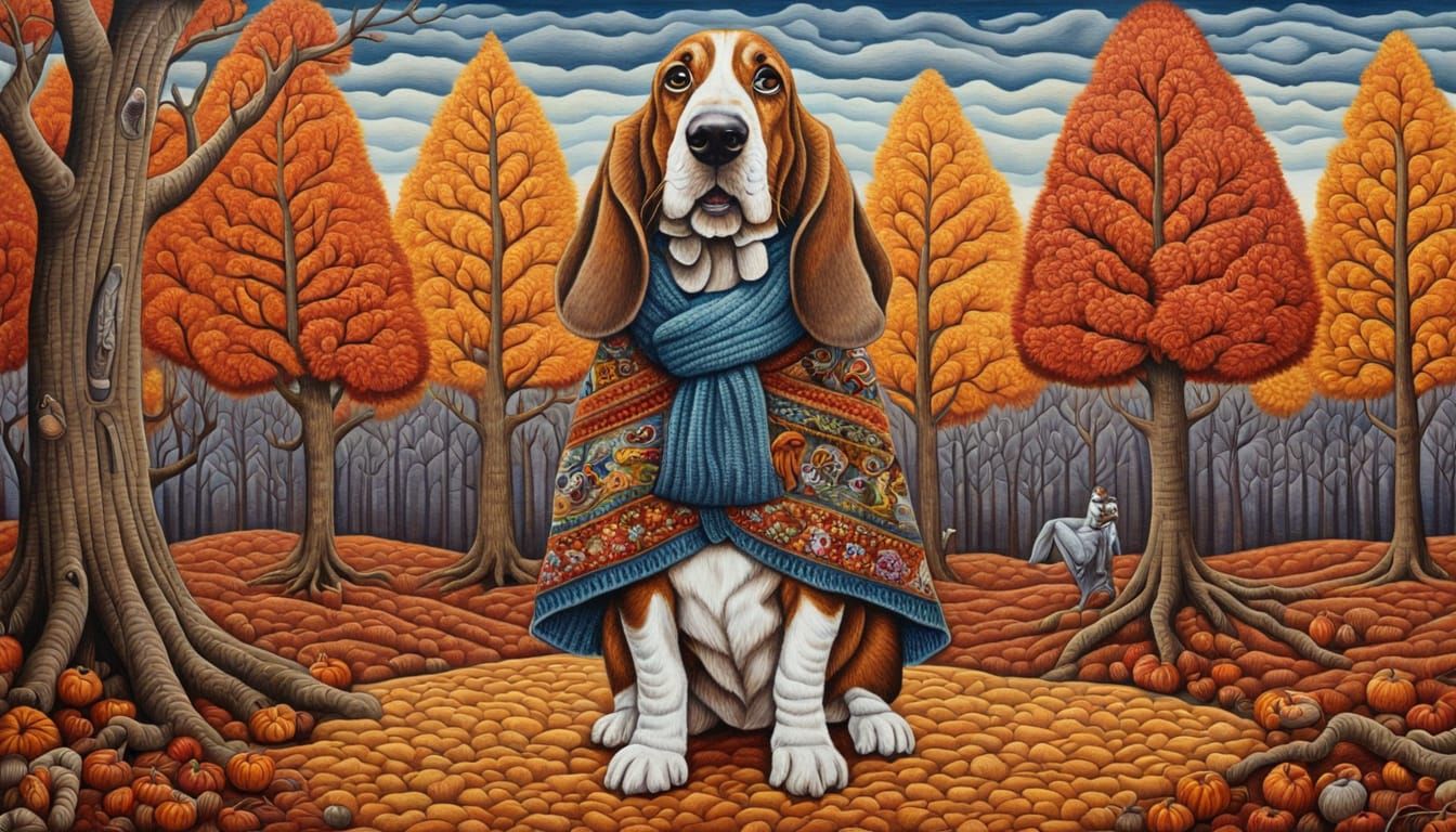 Basset Hound in Jumper and Robe, Autumn Scenery