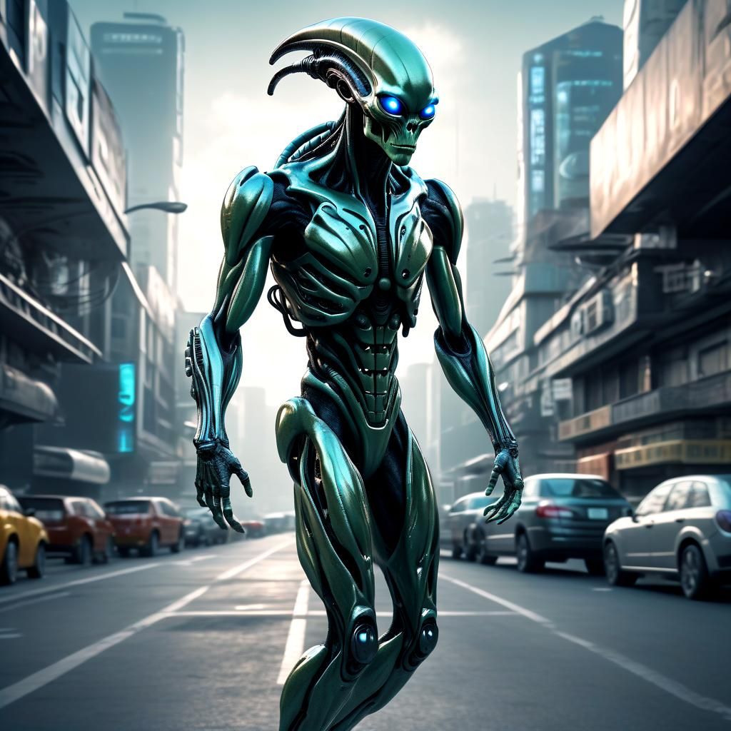 Hyperrealistic Alien Cyborg in Sci-Fi Cityscape