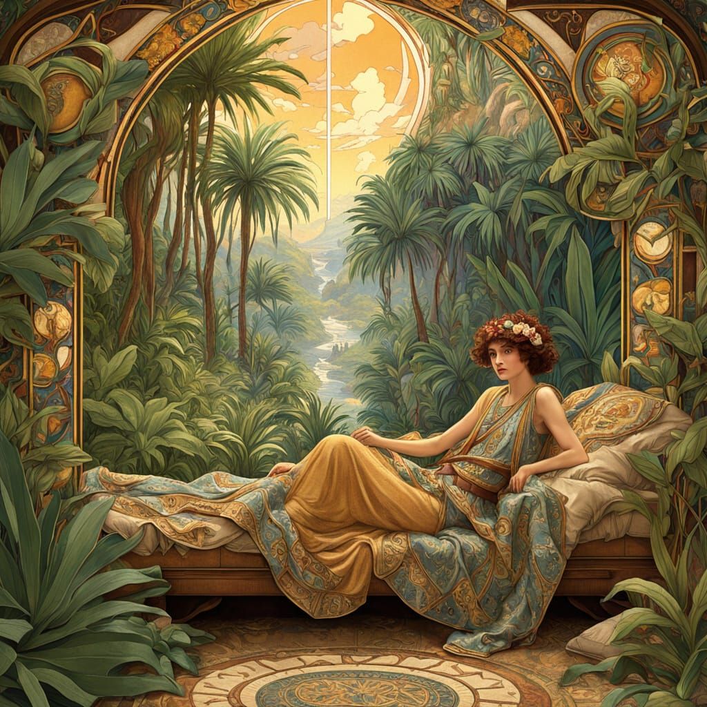 Hidden Oasis for Weary Traveler in Art Nouveau Style