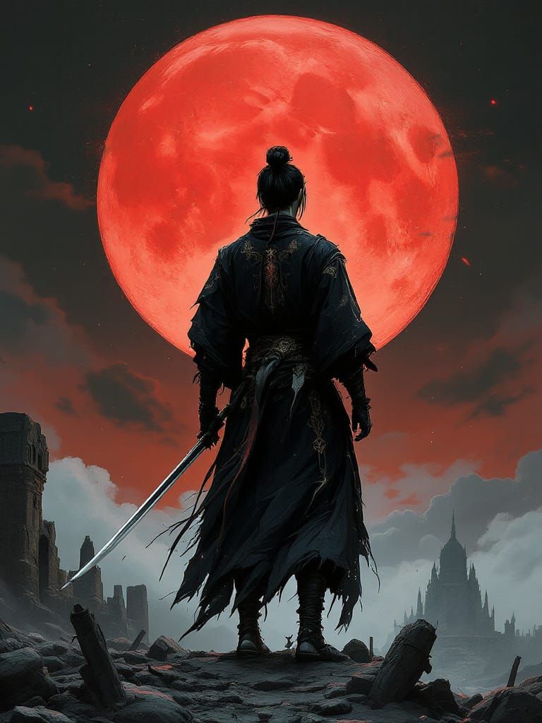 Lone Warrior Beneath Crimson Moon in Dark Fantasy Style