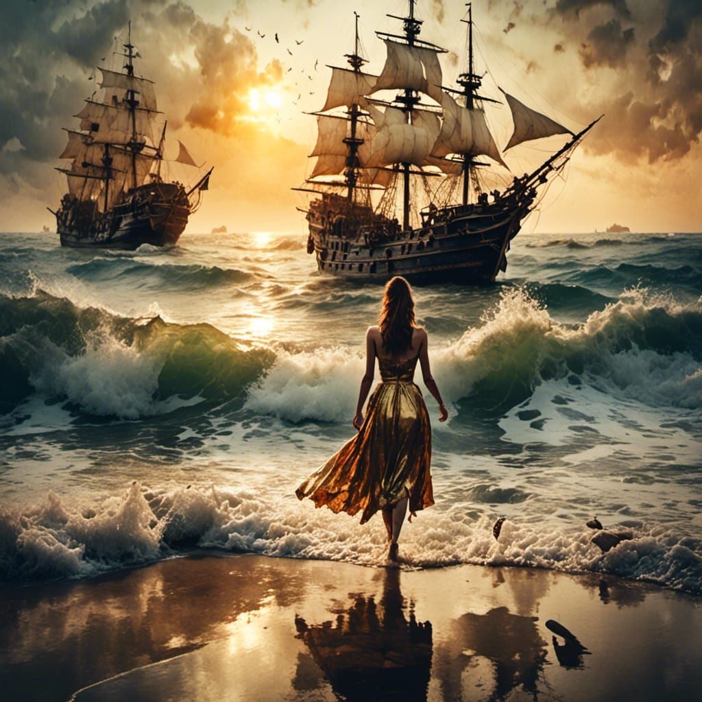 Pirate Woman Walks to Sea in Surreal Sunset