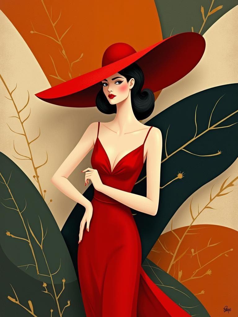 Elegant Woman in Red Hat: Art Deco Geometric Portrait