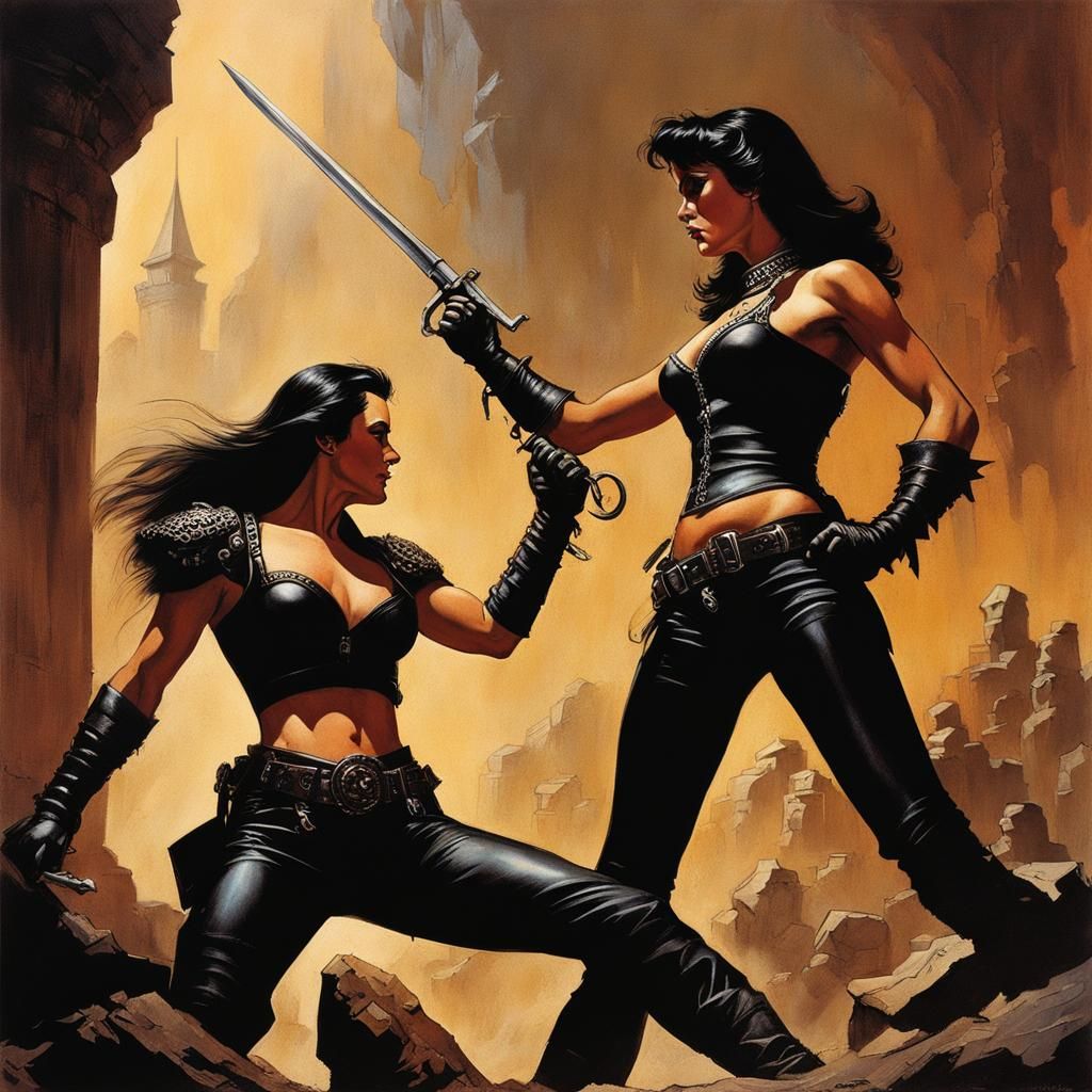 Science-Fantasy Amazons Fight in Biker Leathers