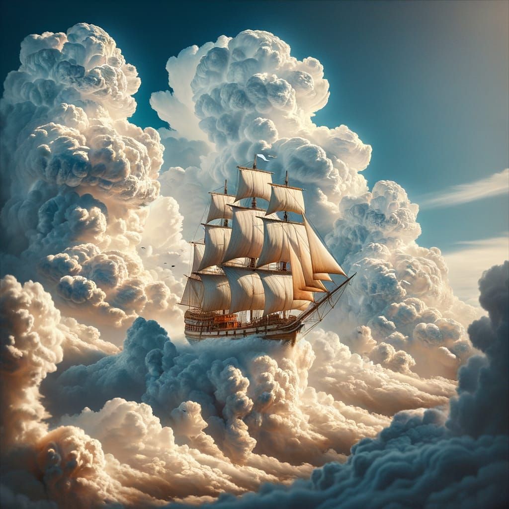 Wooden Ship Navigates Clouds in Azure Sky