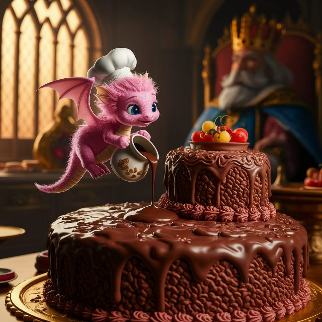 Pink Dragon Chef Decorates Chocolate Cake