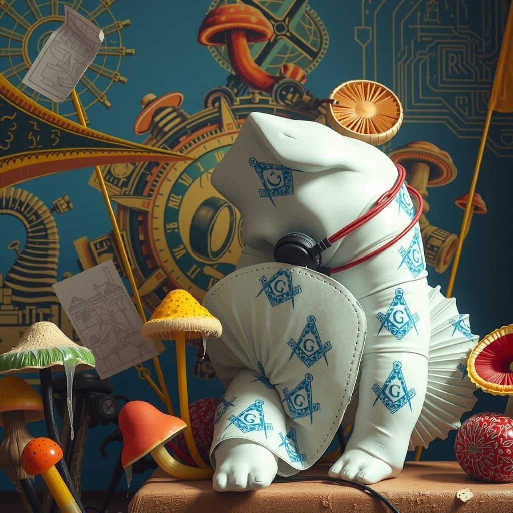 Surreal, Linocut-Style Mushroom Sculpture in a Futuristic Bl...