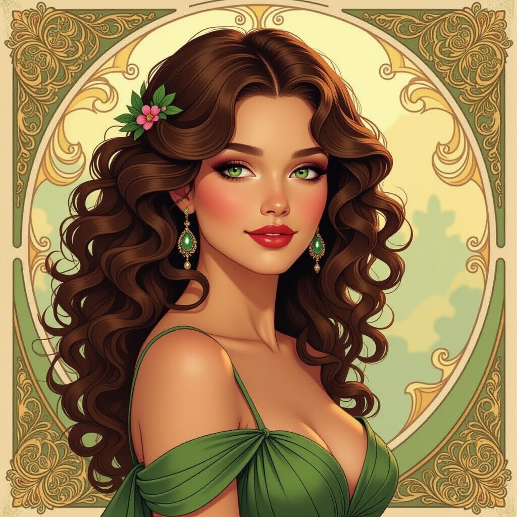 Elegant Woman with Green Eyes in Art Nouveau Style