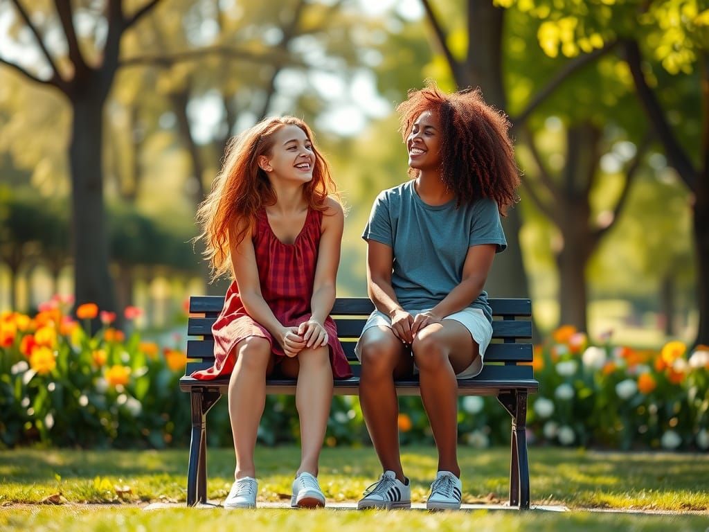 Teenage Girls Laughing and Hugging in Sunny Park