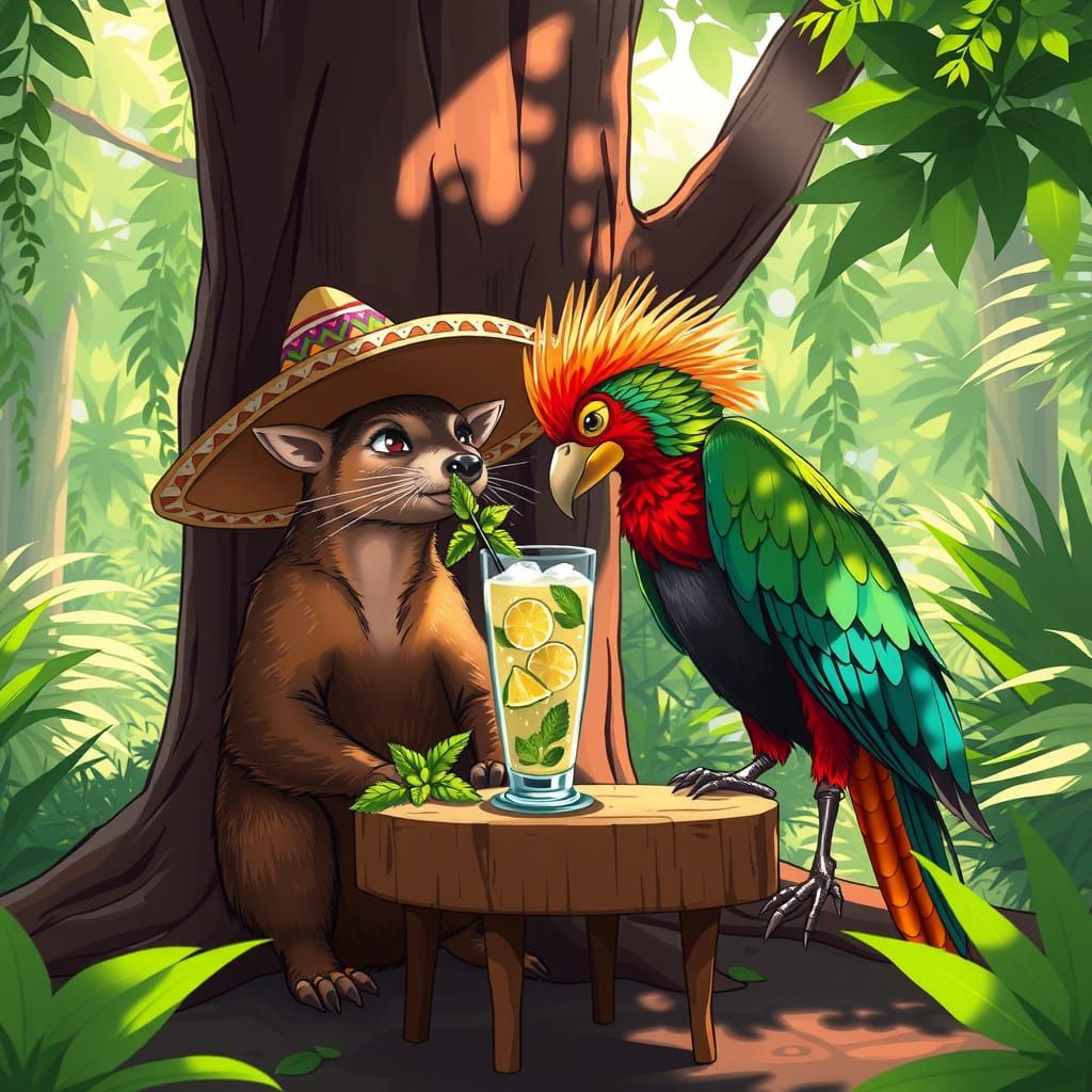 Coati and Quetzal Enjoying Mojitos in Mexican Jungle