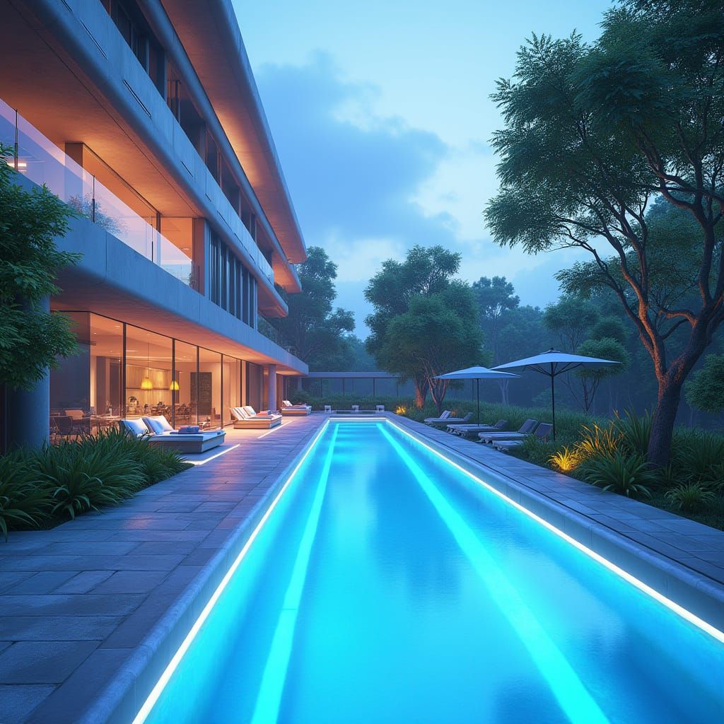 Futuristic Mansion and Neon Pool in 3D Anime Style