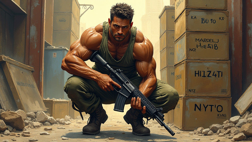 Muscular Commando in War-Torn City, Illustration Style