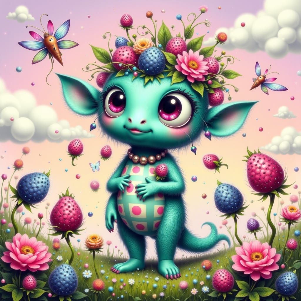 Whimsical Fairy Punk Creature in Vibrant Gingham Patterned L...