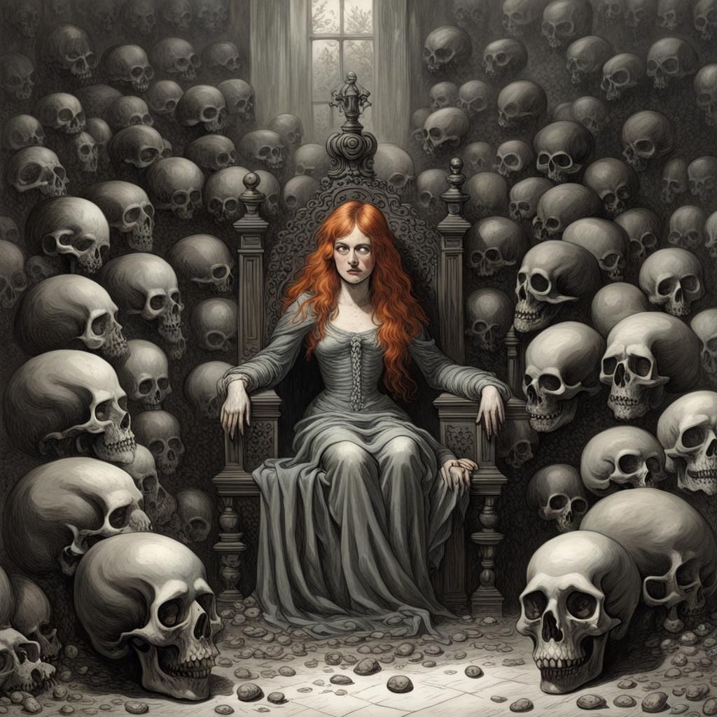 Redhead on Skull Throne: Dark Romantic Horror