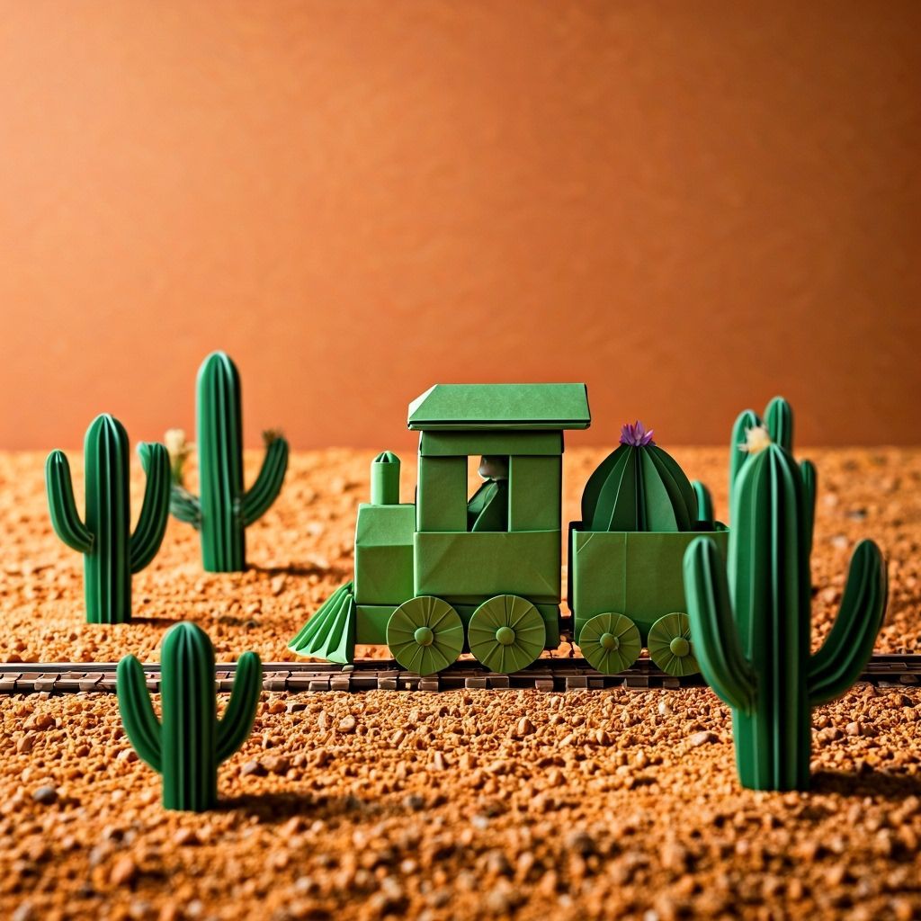Origami Toy Train Journey Through Desert Landscape