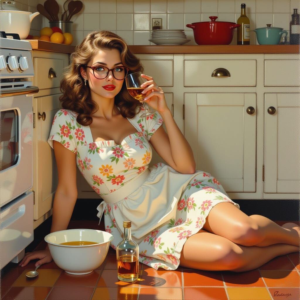 Woman with Brandy: Domestic Scene in Rockwell and Wyeth Styl...