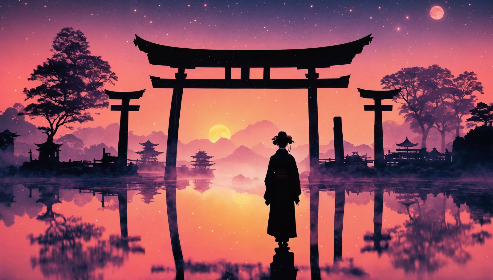 Shinto Gate Silhouette in Surreal Starry Landscape