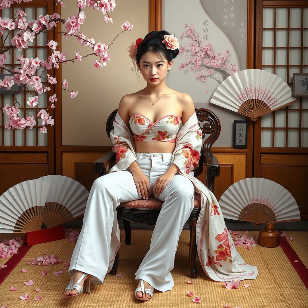 Geisha in Modern Outfit Among Cherry Blossoms
