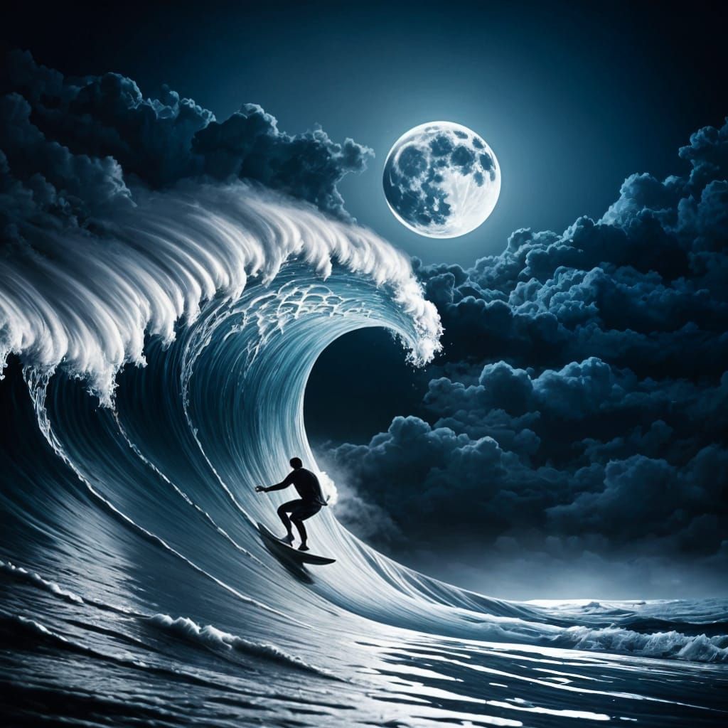 Surfer Rides Giant Wave Under Filigree Moon