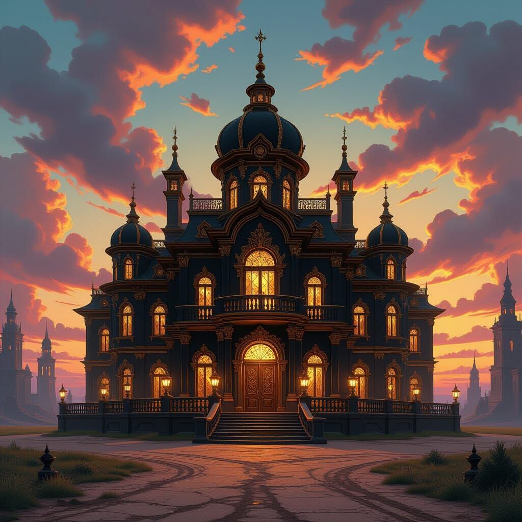 Opulent Villain's Palace in Dystopian Fantasy Landscape