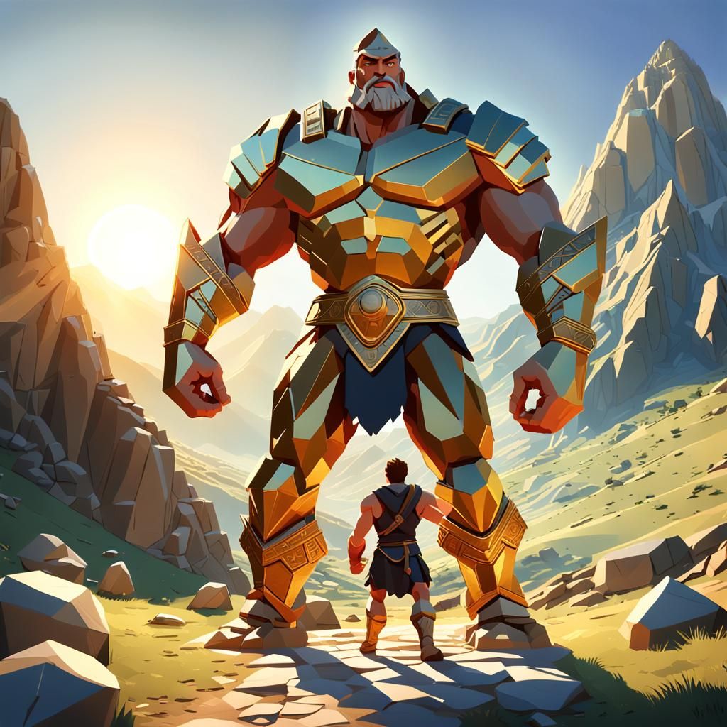 David and Goliath in Low-Poly Art Style