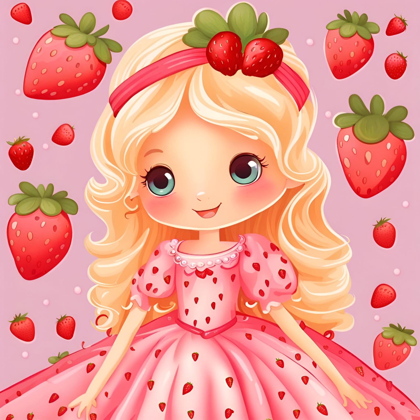 Little cute princess blond-strawberry with pink dress bordered with strawberries