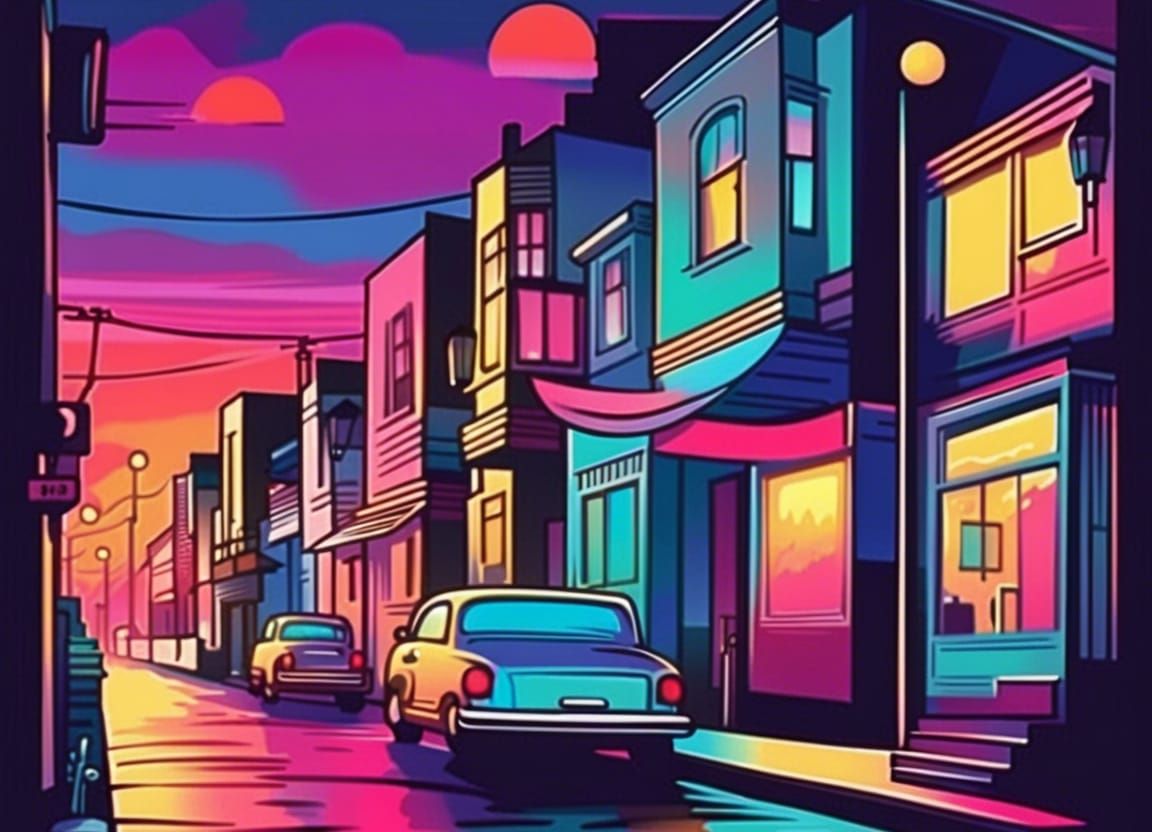 Colorful Retro-Pop Street Scene at Dusk
