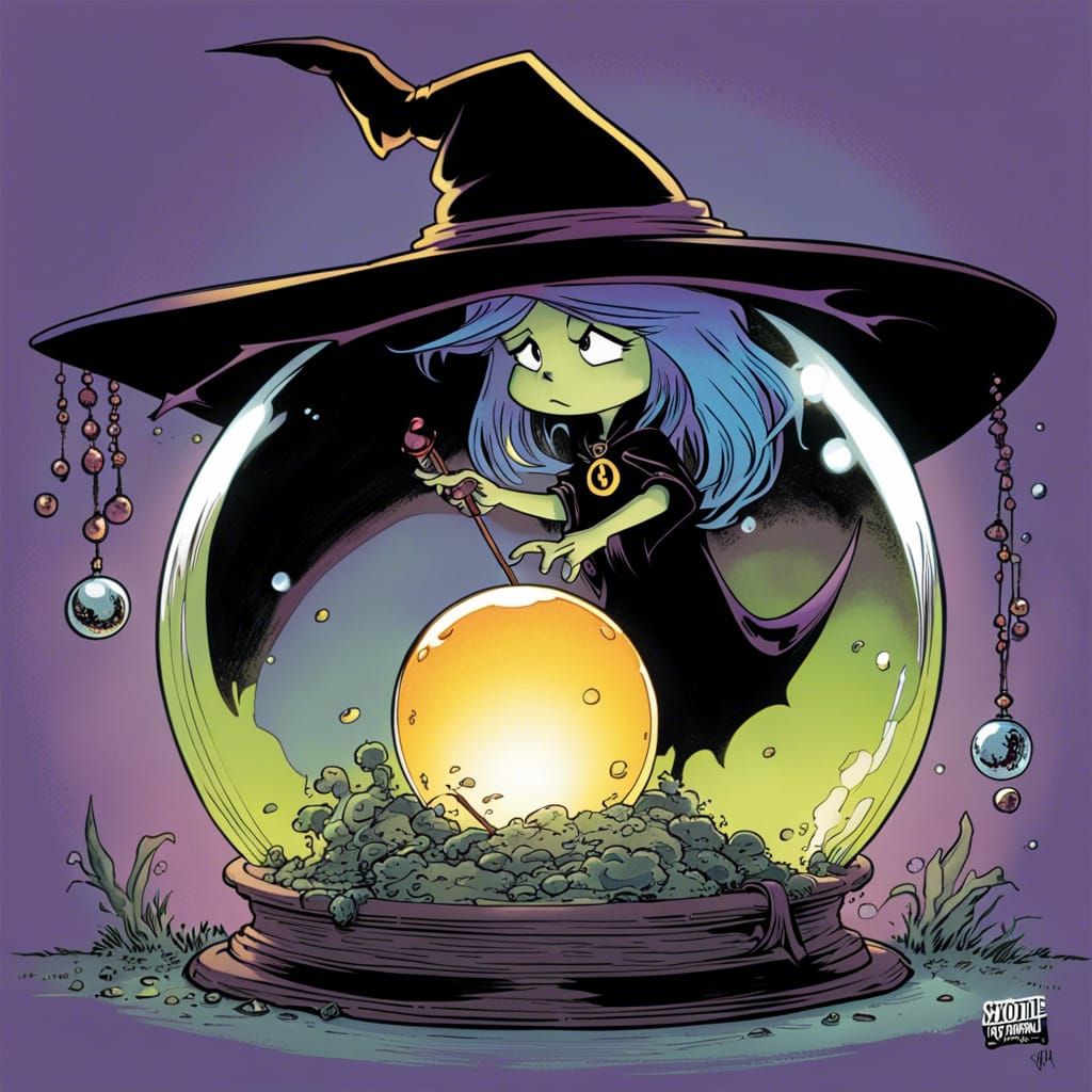 Cartoon Witch and Crystal Ball Illustration