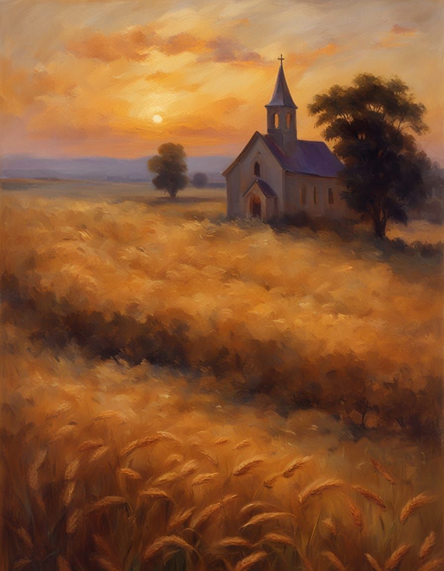 Golden Hour Church: A Classical Landscape Painting