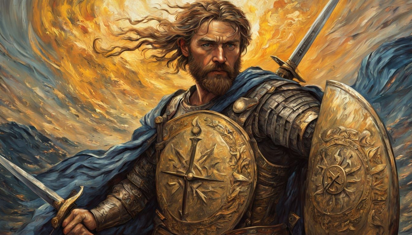 Warrior Between Radiant Light and Dark Shadows