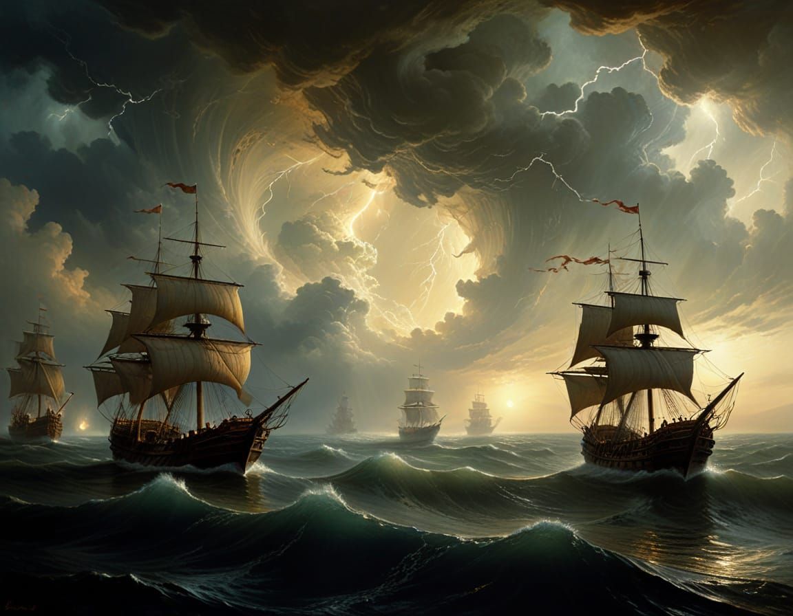 Sailing Vessels in a Baroque-Style Moonlit Storm