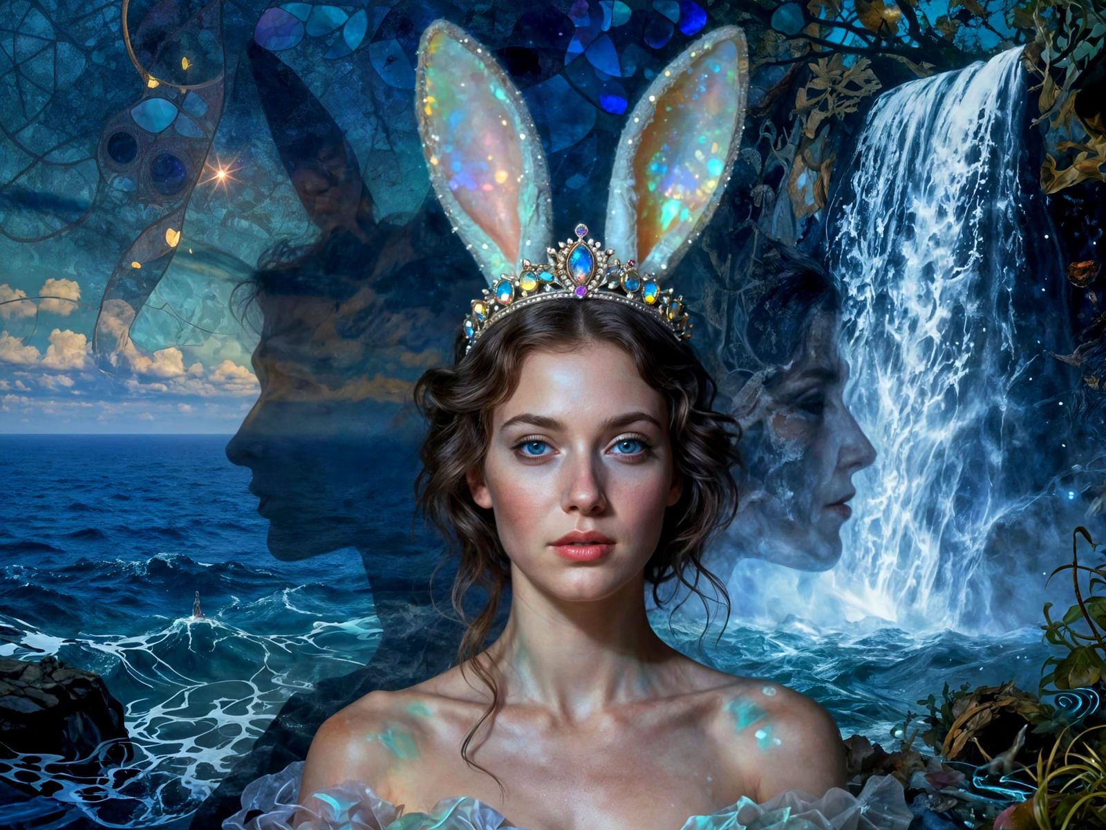 Ethereal Woman Portrait with Cosmic Seascape Double Exposure