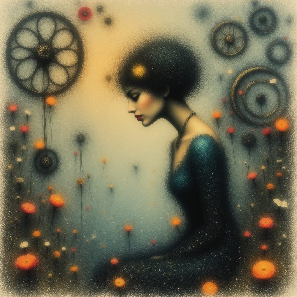 Melancholic Figure Amidst Fading Clockwork and Petals