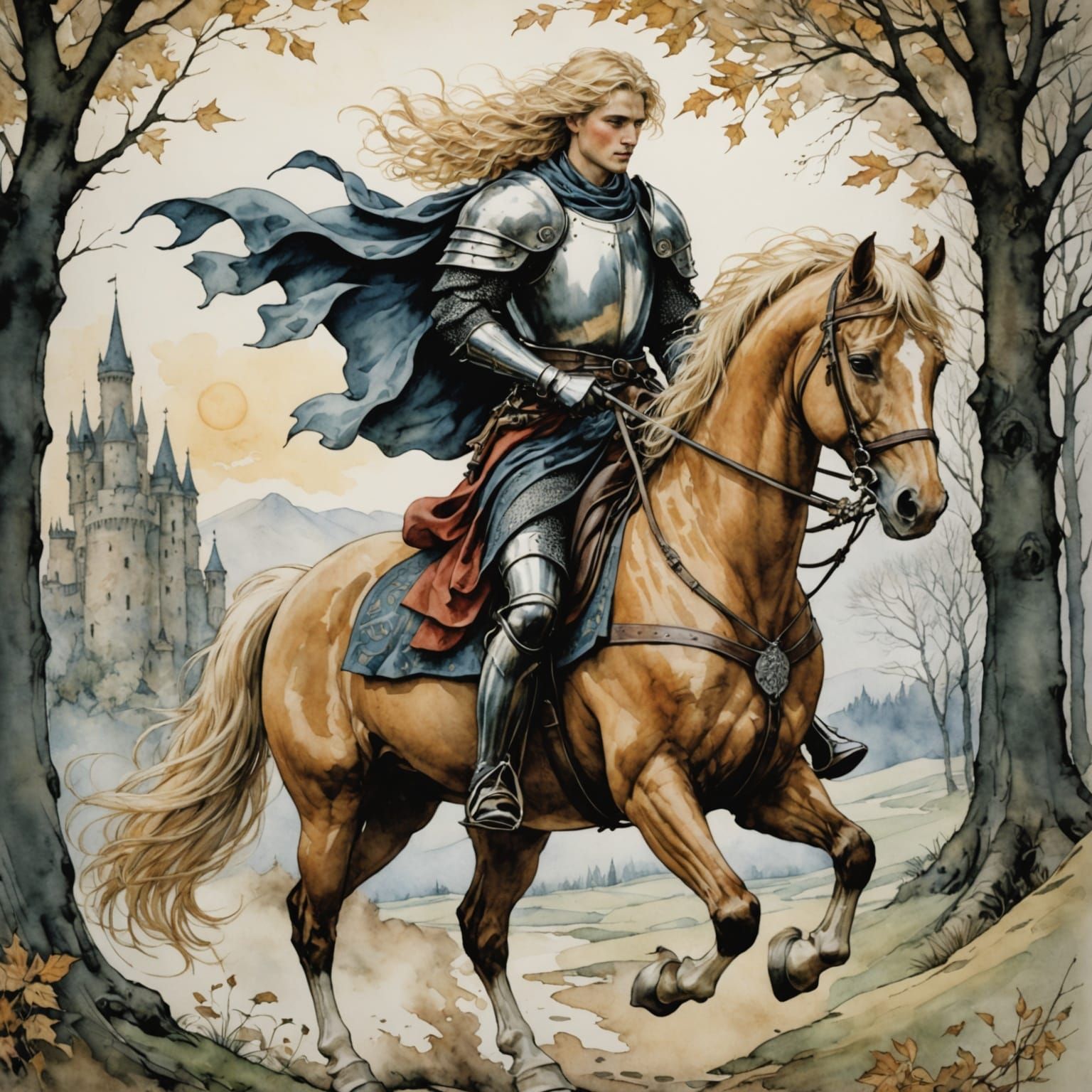 Blond Knight Rides Through Enchanted Forest with Banners