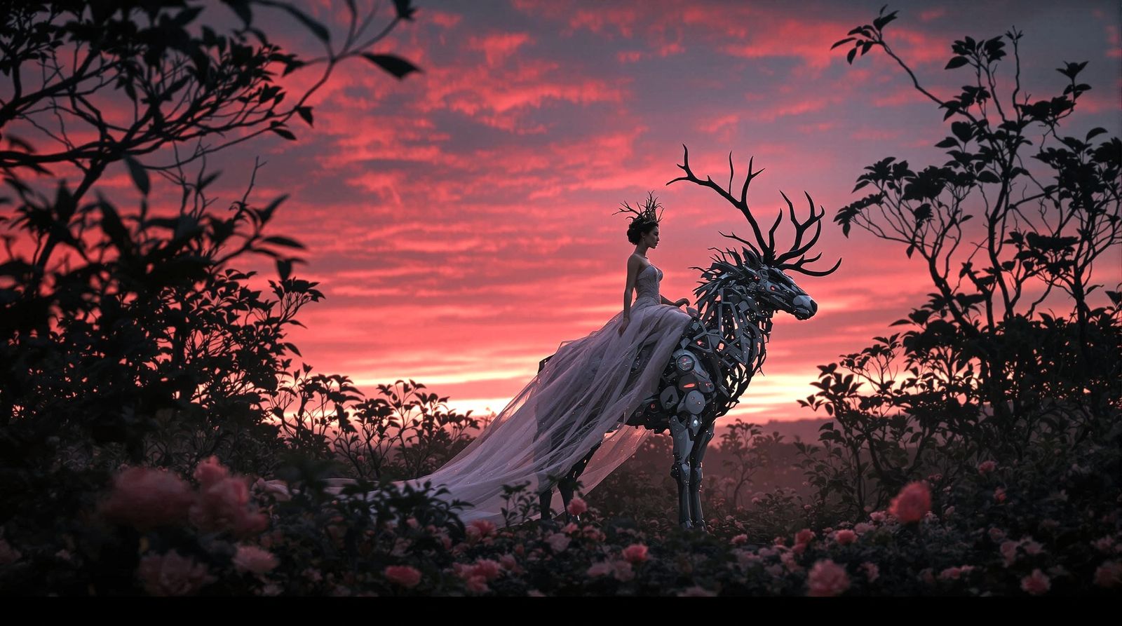 Cyberpunk Bride on Mechanized Stag in Peony Forest